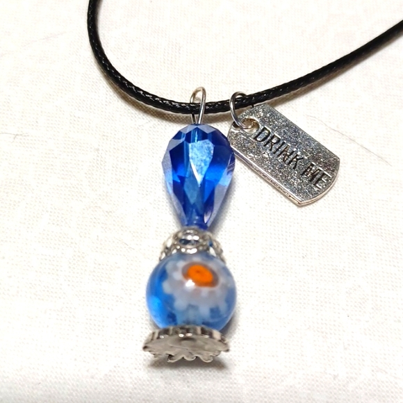 Hand Crafted Jewelry - Alice in Wonderland potion bottle pendant flower blue silver tag crystal glass
